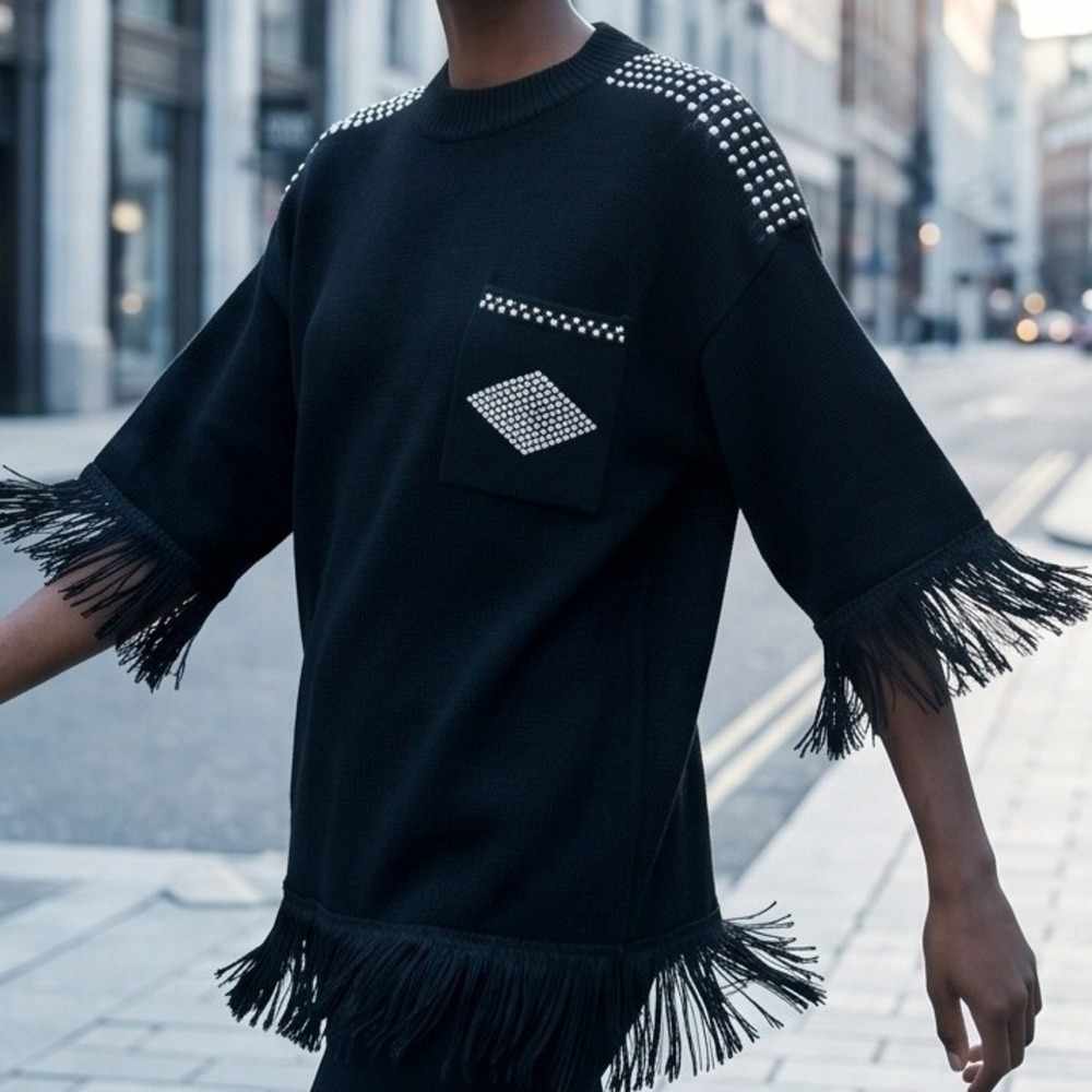Vintage Mardel OS Black Rhinestone‎ Fringe Oversized Knit Sweater 80s 90s OOAK